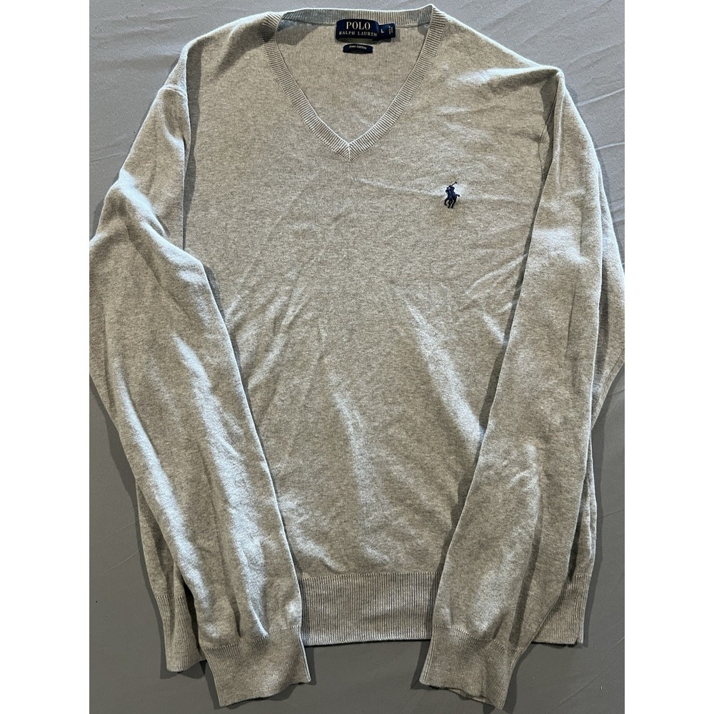 Polo Ralph‎ Lauren Sweater Mens Size Large Gray Pima Cotton Pullover V Neck Golf
